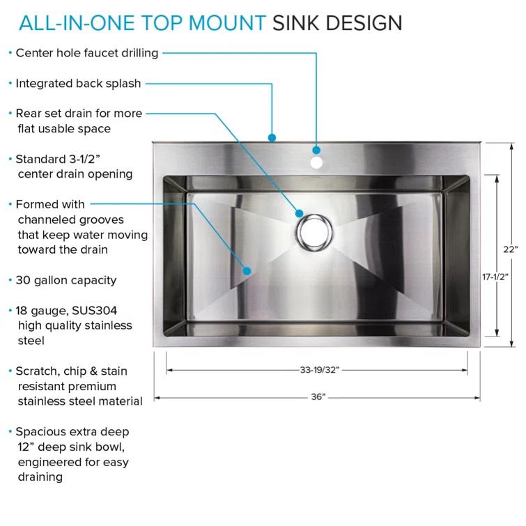 TFH-3622-SS 36'' L x 22'' W Free Standing Laundry Sink with Faucet