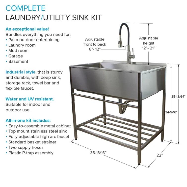 TFH-3622-SS 36'' L x 22'' W Free Standing Laundry Sink with Faucet