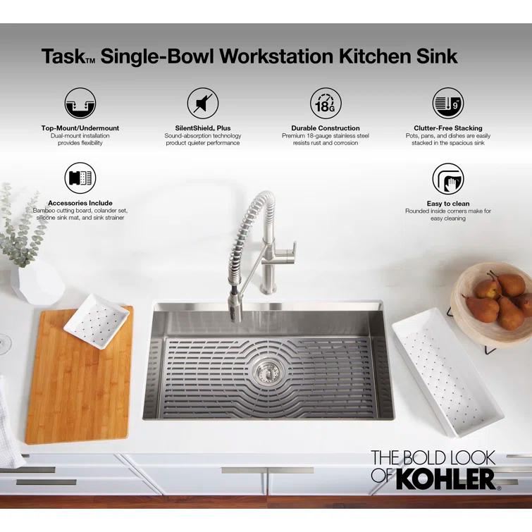 Task 33" x 22" Top-Mount/Undermount Single-Bowl Workstation Kitchen Sink With Accessories