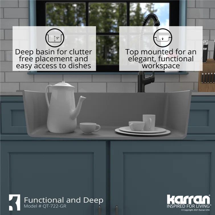 Karran Karran Drop-in Quartz Composite 34'' X 22'' 1-Hole Single Bowl Kitchen Sink QT-722-GR