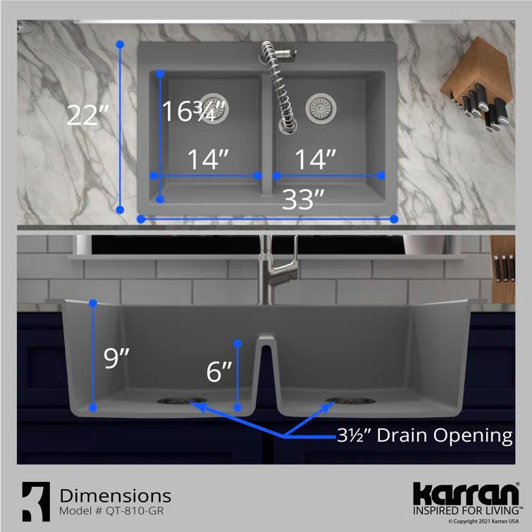 Karran Quartz 33'' X 22'' 50/50 Double Bowl Composite Drop-in Kitchen Sink