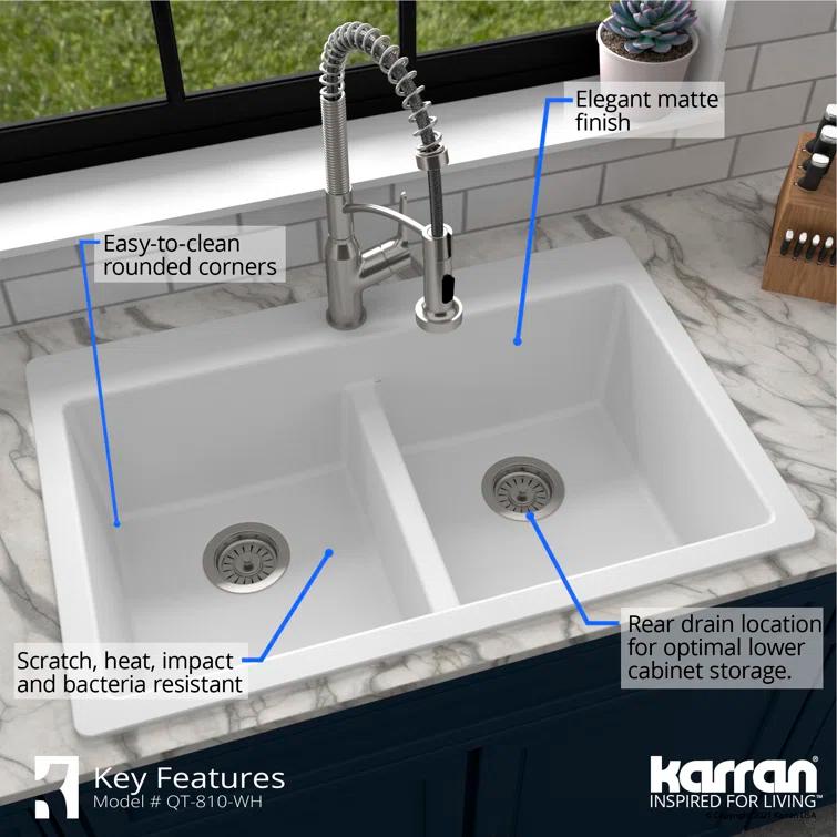 Karran Quartz 33'' X 22'' 50/50 Double Bowl Composite Drop-in Kitchen Sink