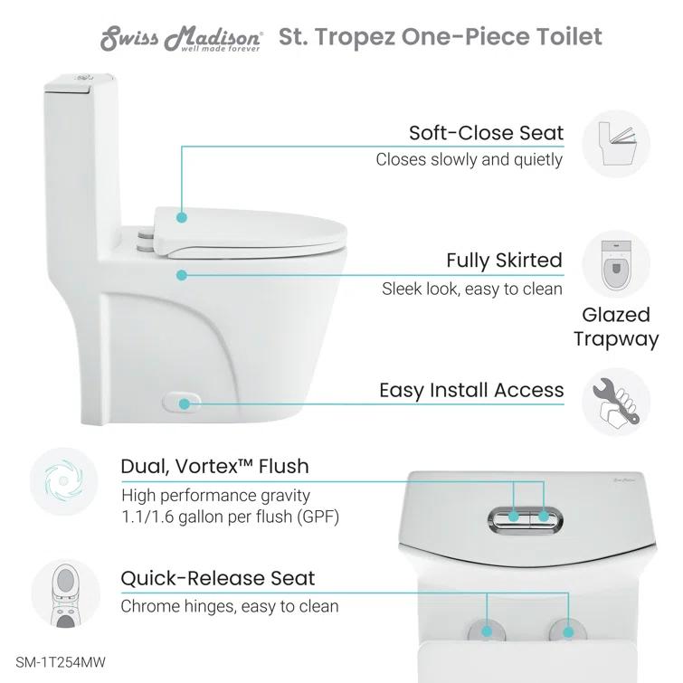 St. Tropez One Piece Elongated Toilet Dual Vortex Flush 1.6 GPF