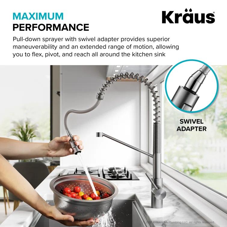 KRAUS Oletto Commercial Style Single Handle Pull Down Kitchen Faucet with QuickDock Top Mount Installation Assembly