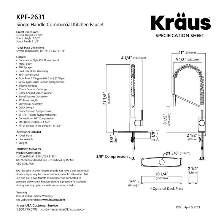 KRAUS Oletto Commercial Style Single Handle Pull Down Kitchen Faucet with QuickDock Top Mount Installation Assembly