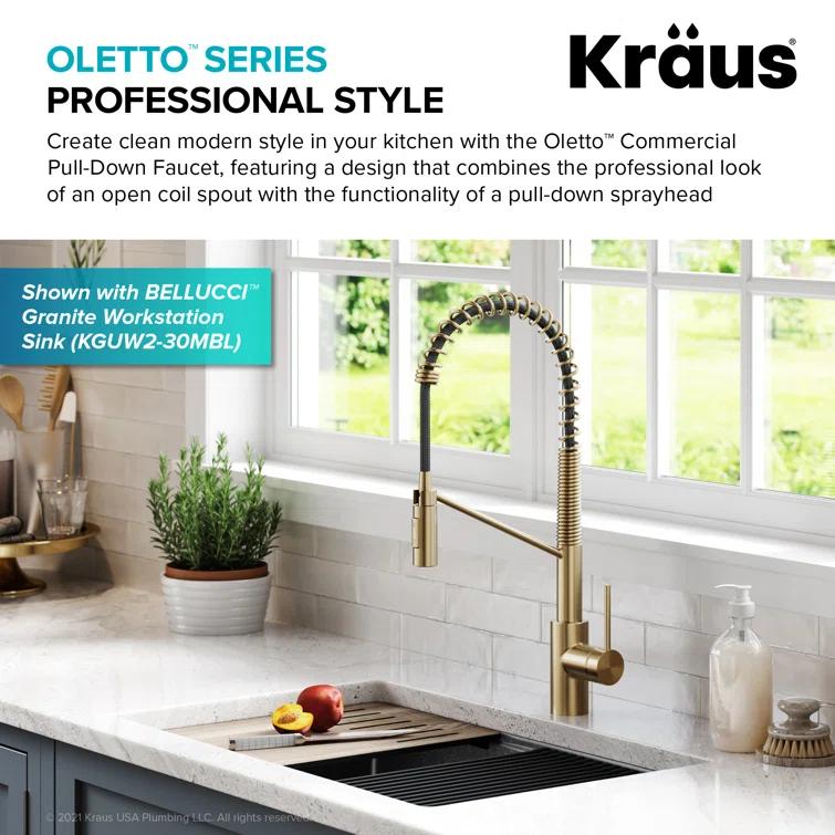 KRAUS Oletto Commercial Style Single Handle Pull Down Kitchen Faucet with QuickDock Top Mount Installation Assembly