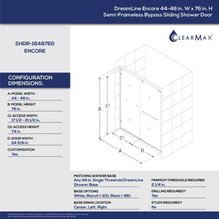 Encore 44" W x 76" Frameless Shower Door with ClearMax Technology