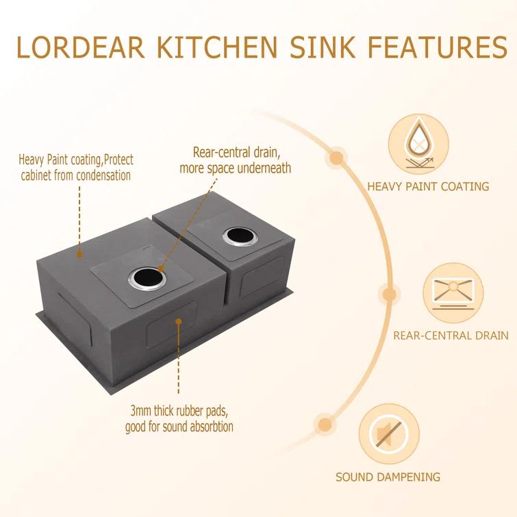 Lordear 28" L x 19" W Undermount Double Bowl 50/50 Kitchen Sink Double Basin 16 Gauge Stainless Steel Sink L28UKS255
