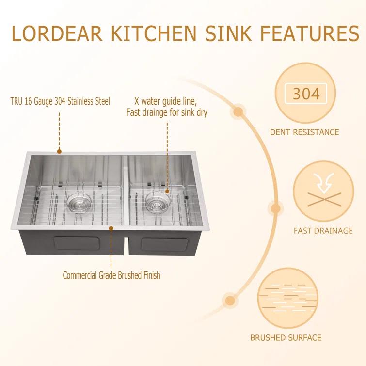 Lordear 28" L x 19" W Undermount Double Bowl 50/50 Kitchen Sink Double Basin 16 Gauge Stainless Steel Sink L28UKS255