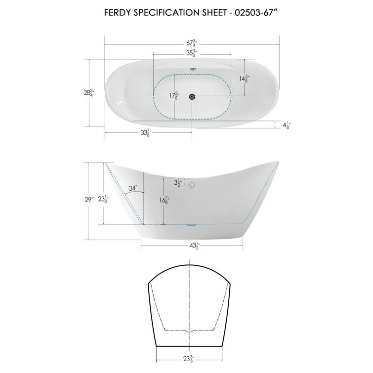 FerdY Boracay 67" Acrylic Freestanding Bathtub With Chrome Drain