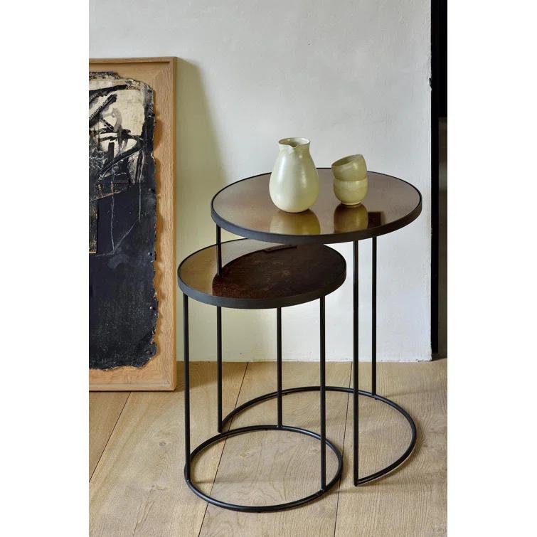 Bronze Mirrored Glass Round Nesting Side Tables