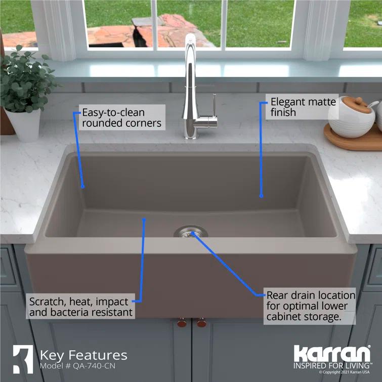 Karran Farmhouse/Apron-Front Quartz Composite 34'' X 21-1/4'' Single Bowl Kitchen Sink