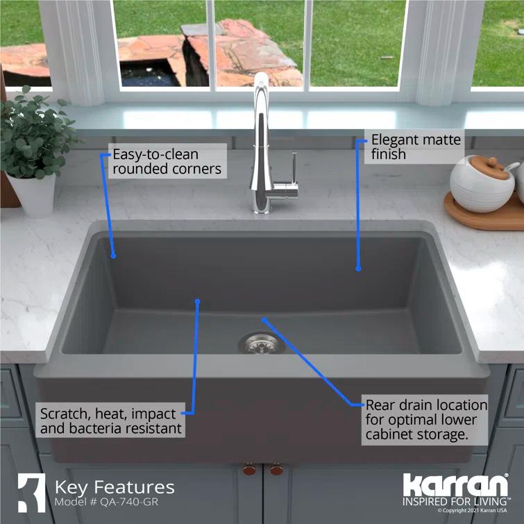 Karran Farmhouse/Apron-Front Quartz Composite 34'' X 21-1/4'' Single Bowl Kitchen Sink