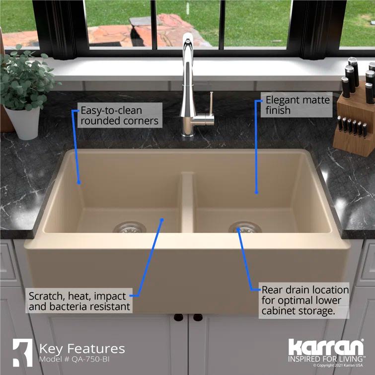 Karran Quartz 34'' X 21-1/4'' 50/50 Double Bowl Farmhouse/Apron Front Kitchen Sink Kit