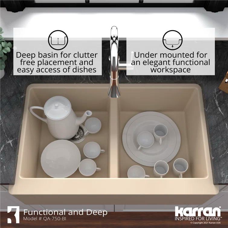 Karran Quartz 34'' X 21-1/4'' 50/50 Double Bowl Farmhouse/Apron Front Kitchen Sink Kit