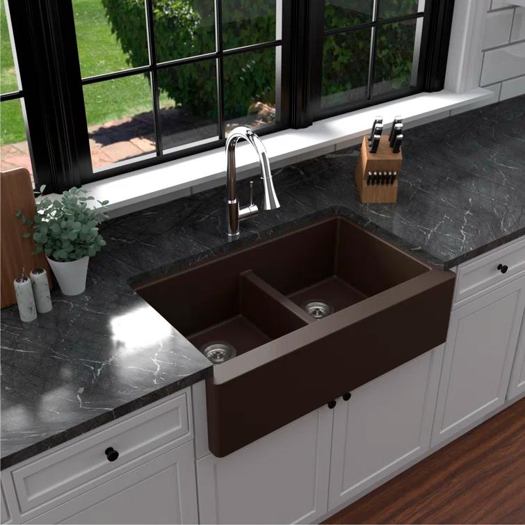 Karran Karran Quartz 34'' X 21-1/4'' 50/50 Double Bowl Farmhouse/Apron Front Kitchen Sink Kit QA-750-BR-PK1