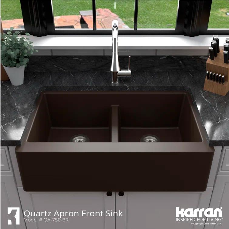 Karran Karran Quartz 34'' X 21-1/4'' 50/50 Double Bowl Farmhouse/Apron Front Kitchen Sink Kit QA-750-BR-PK1