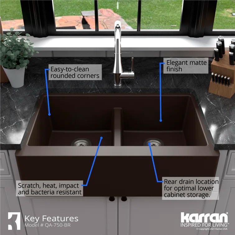 Karran Karran Quartz 34'' X 21-1/4'' 50/50 Double Bowl Farmhouse/Apron Front Kitchen Sink Kit QA-750-BR-PK1