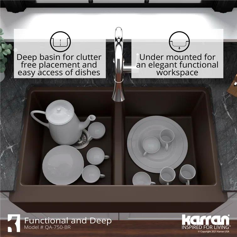 Karran Karran Quartz 34'' X 21-1/4'' 50/50 Double Bowl Farmhouse/Apron Front Kitchen Sink Kit QA-750-BR-PK1