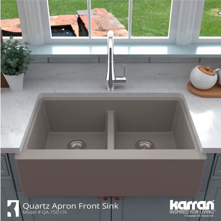 Karran Quartz 34'' X 21-1/4'' 50/50 Double Bowl Farmhouse/Apron Front Kitchen Sink Kit