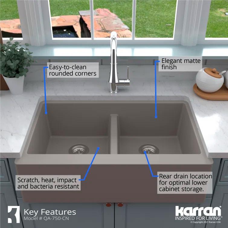 Karran Quartz 34'' X 21-1/4'' 50/50 Double Bowl Farmhouse/Apron Front Kitchen Sink Kit