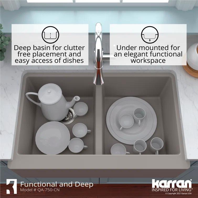 Karran Quartz 34'' X 21-1/4'' 50/50 Double Bowl Farmhouse/Apron Front Kitchen Sink Kit