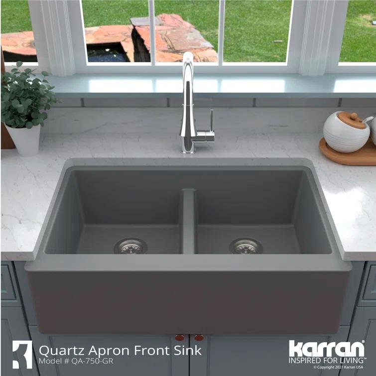 Karran Quartz 34'' X 21-1/4'' 50/50 Double Bowl Farmhouse/Apron Front Kitchen Sink Kit