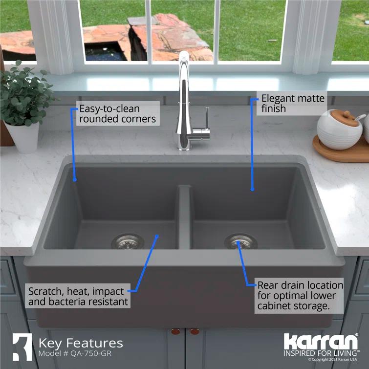 Karran Quartz 34'' X 21-1/4'' 50/50 Double Bowl Farmhouse/Apron Front Kitchen Sink Kit