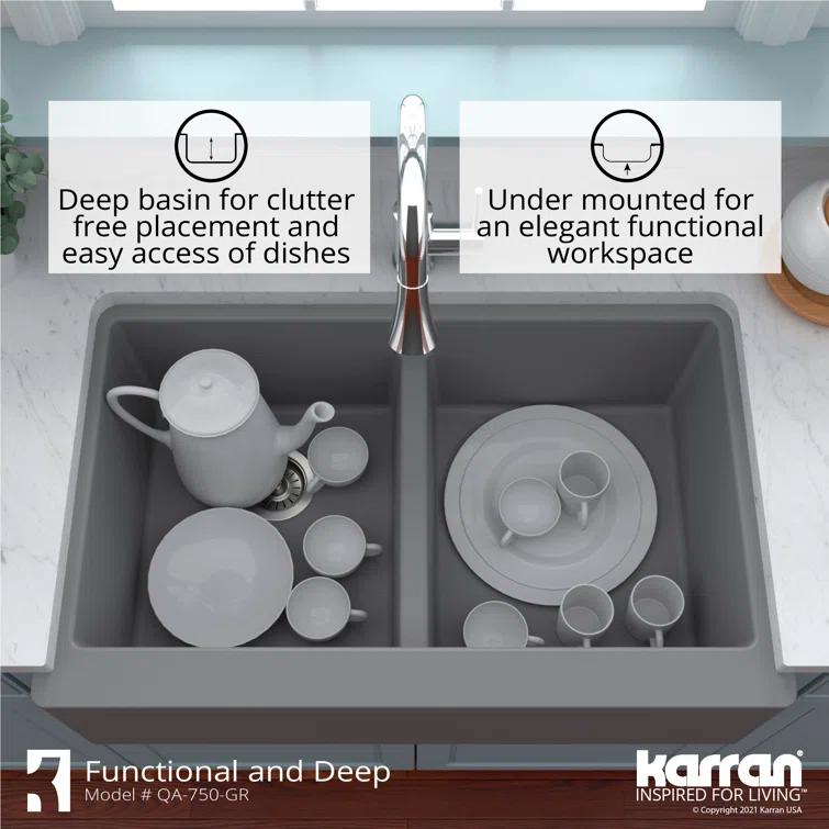 Karran Quartz 34'' X 21-1/4'' 50/50 Double Bowl Farmhouse/Apron Front Kitchen Sink Kit
