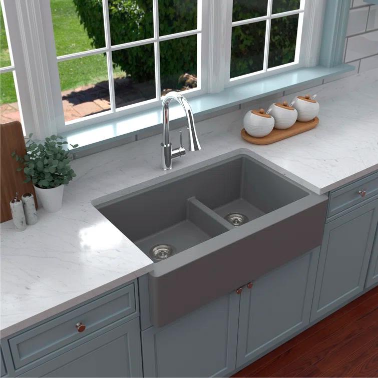 Karran Quartz 34'' X 21-1/4'' 60/40 Double Bowl Farmhouse/Apron Front Kitchen Sink Kit