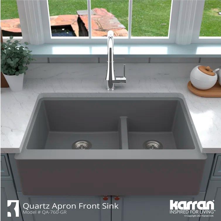 Karran Quartz 34'' X 21-1/4'' 60/40 Double Bowl Farmhouse/Apron Front Kitchen Sink Kit