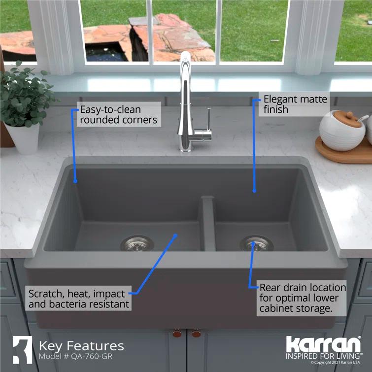 Karran Quartz 34'' X 21-1/4'' 60/40 Double Bowl Farmhouse/Apron Front Kitchen Sink Kit