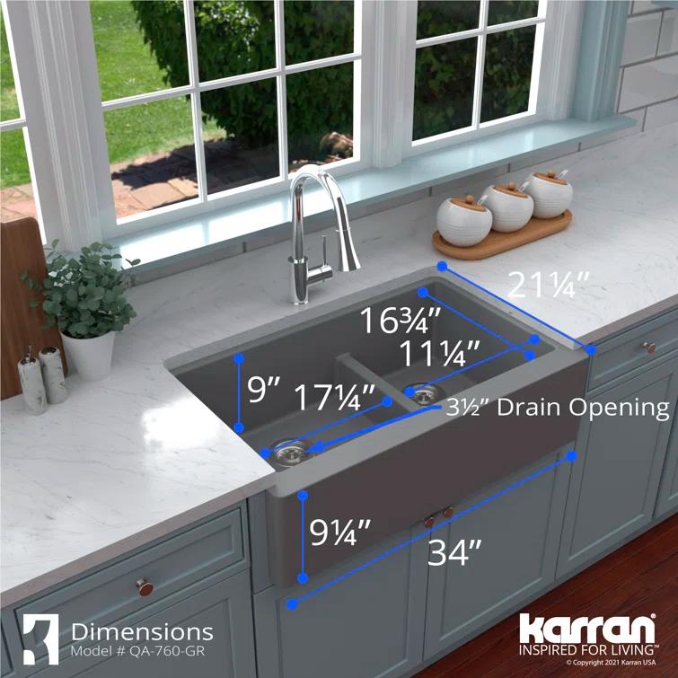 Karran Quartz 34'' X 21-1/4'' 60/40 Double Bowl Farmhouse/Apron Front Kitchen Sink Kit