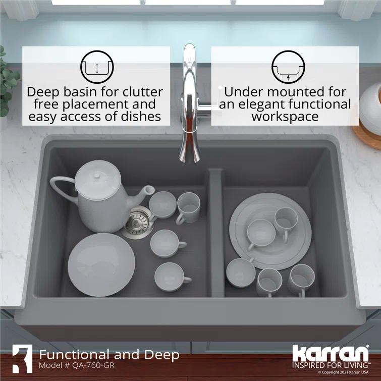 Karran Quartz 34'' X 21-1/4'' 60/40 Double Bowl Farmhouse/Apron Front Kitchen Sink Kit