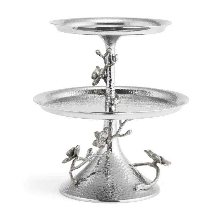 White Metal Orchid 2-Tier Round Etagere