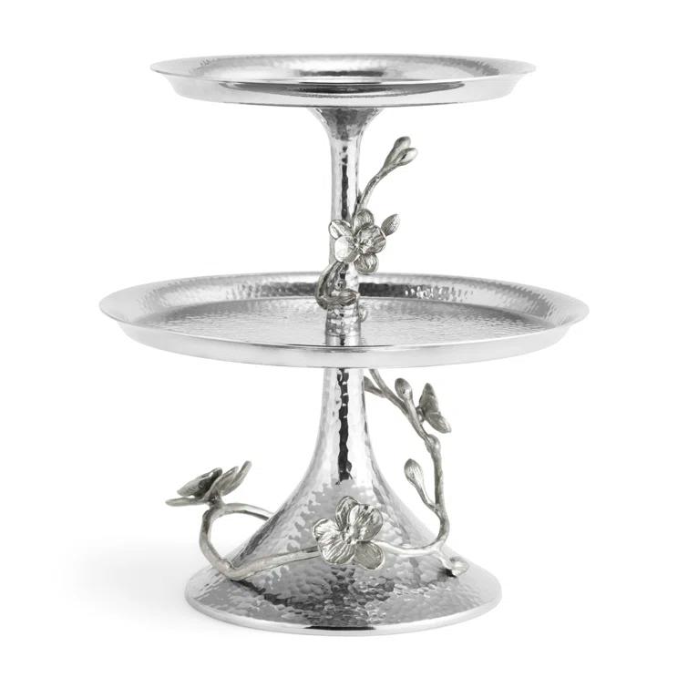 White Metal Orchid 2-Tier Round Etagere