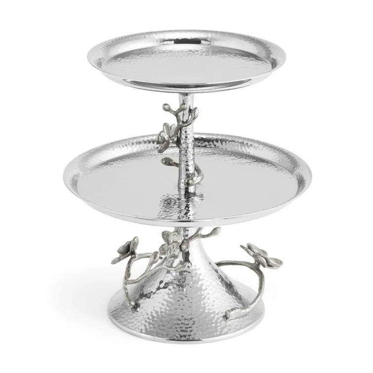 White Metal Orchid 2-Tier Round Etagere