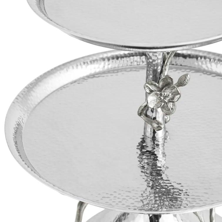 White Metal Orchid 2-Tier Round Etagere