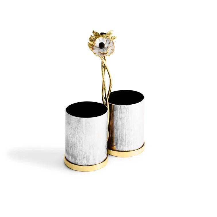 Handcrafted Stainless Steel and Brass Cutlery Caddy with Enamel Flower