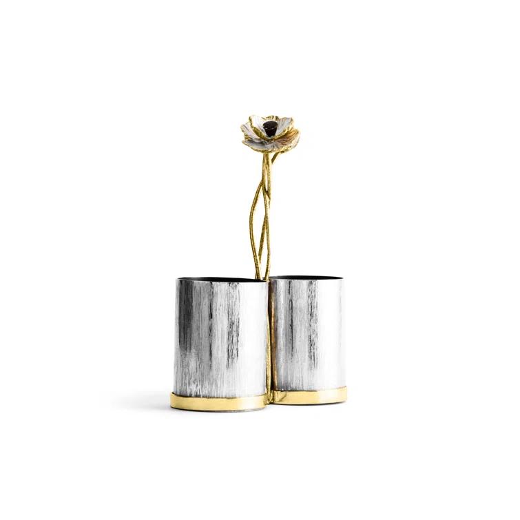 Handcrafted Stainless Steel and Brass Cutlery Caddy with Enamel Flower
