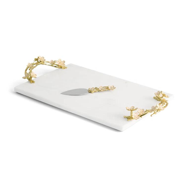 White Marble Rectangular Cheese Board with Floral Print Spreader