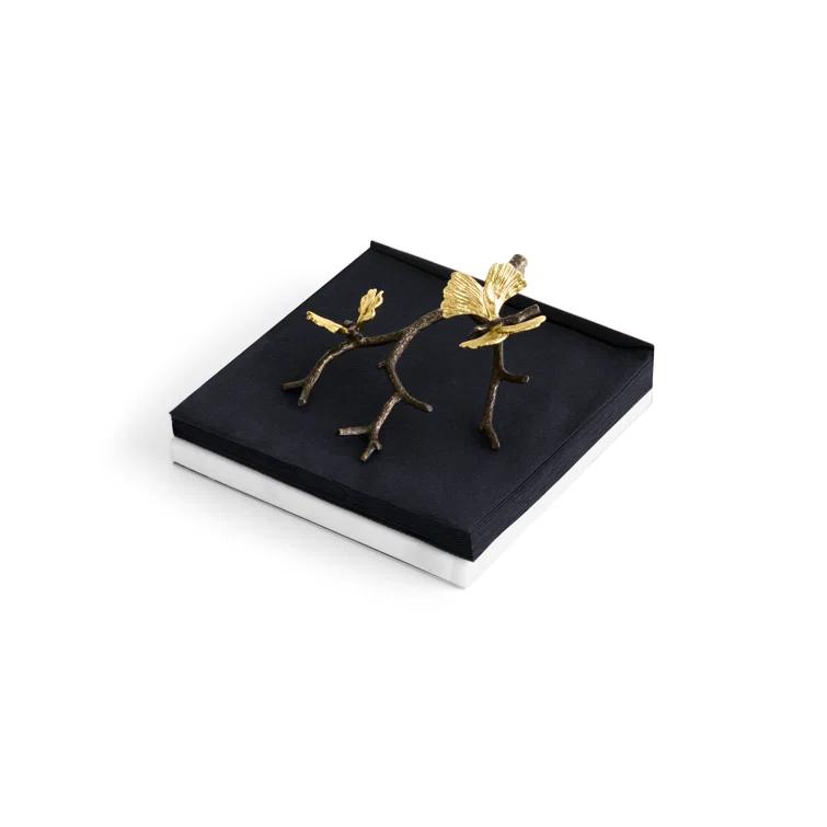 Elegant Butterfly Ginkgo 7" Marble and Brass Napkin Holder