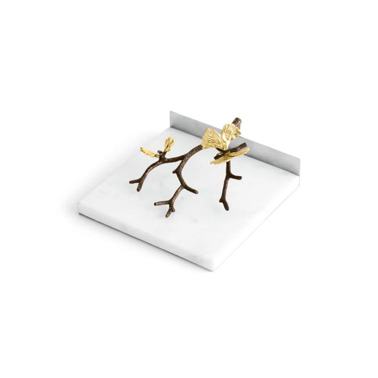 Elegant Butterfly Ginkgo 7" Marble and Brass Napkin Holder