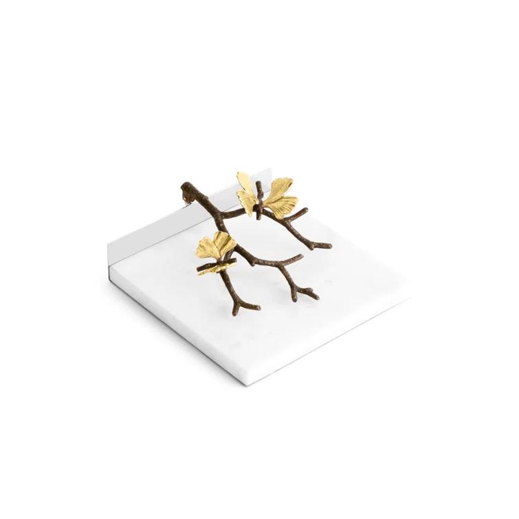 Elegant Butterfly Ginkgo 7" Marble and Brass Napkin Holder