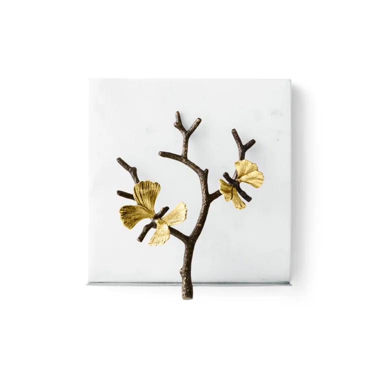 Elegant Butterfly Ginkgo 7" Marble and Brass Napkin Holder