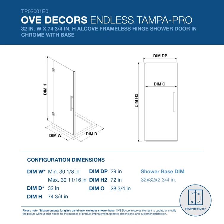 Ove Decors Endless Tampa-Pro 32" W x 72" H Alcove Frameless Shower Kit, Door, Base TP02002E0