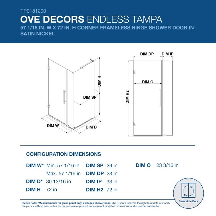 Endless Tampa-Pro 57" W x 72" H Corner Frameless Shower Kit, Door, Panel