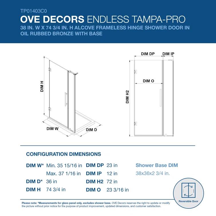 Endless Tampa-Pro 37" W x 72" H Alcove Frameless Shower Kit, Door, Panel, Base