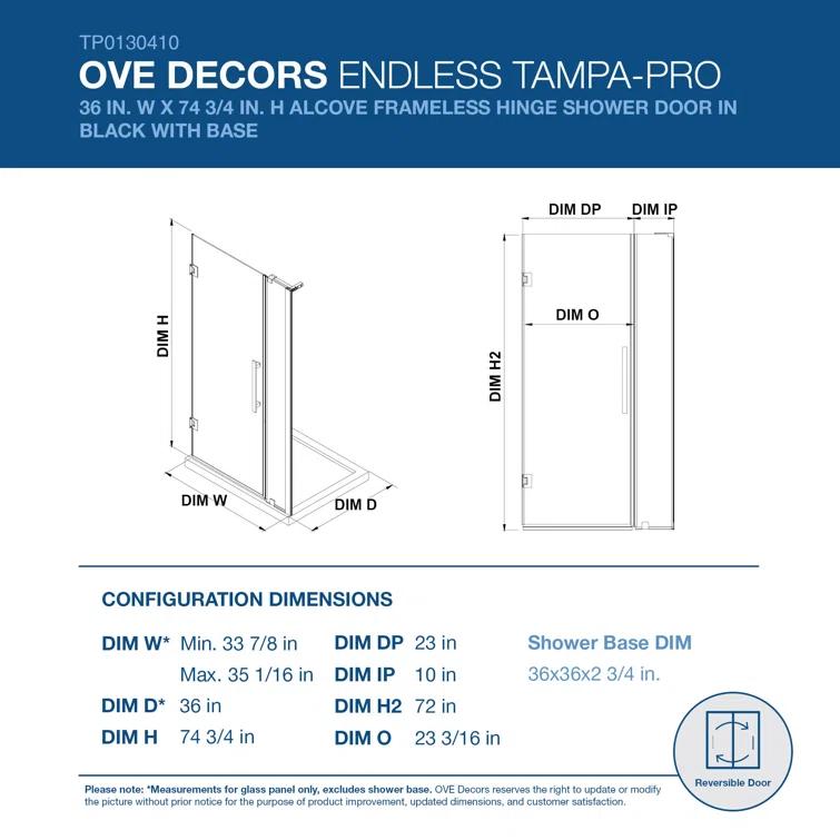 Endless Tampa-Pro 35" W x 72" H Alcove Frameless Shower Kit, Door, Panel, Base