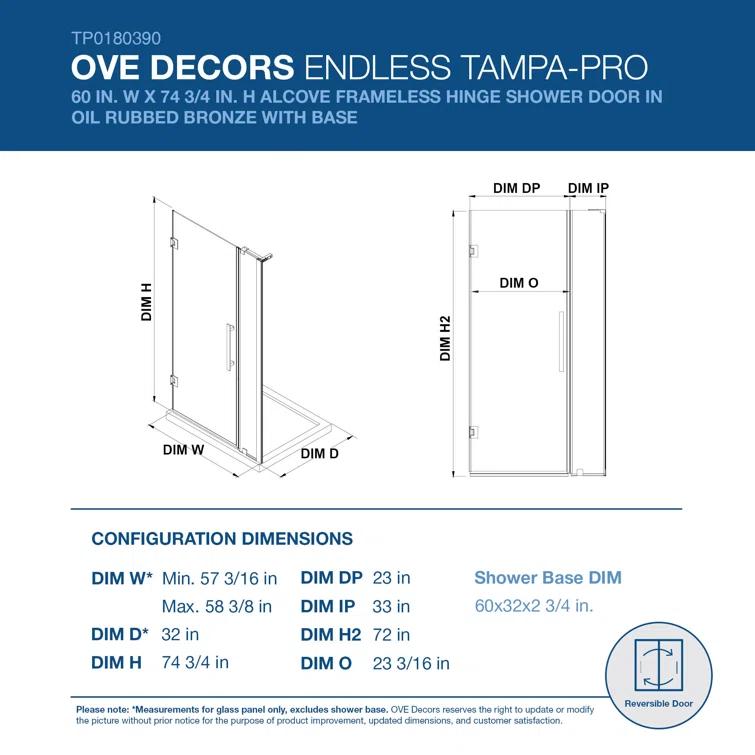 Ove Decors Endless Tampa-Pro 60" W x 72" H Alcove Frameless Shower Kit, Door, Panel, Base TP0180190